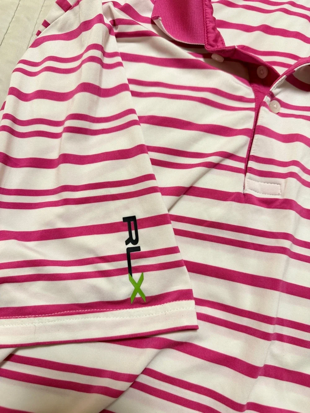 RLX Ralph Lauren Men’s XXL Pink White Striped Performance Golf Polo Shirt